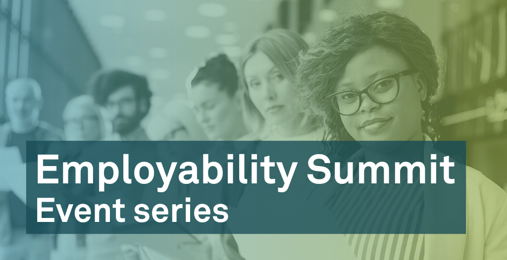A group of adults in a line look directly at the camera. They are each holding their CV in their hands. They get progressively more blurry as the line moves further away from the camera. Overlaid is the text "Employability Summit Event Series"