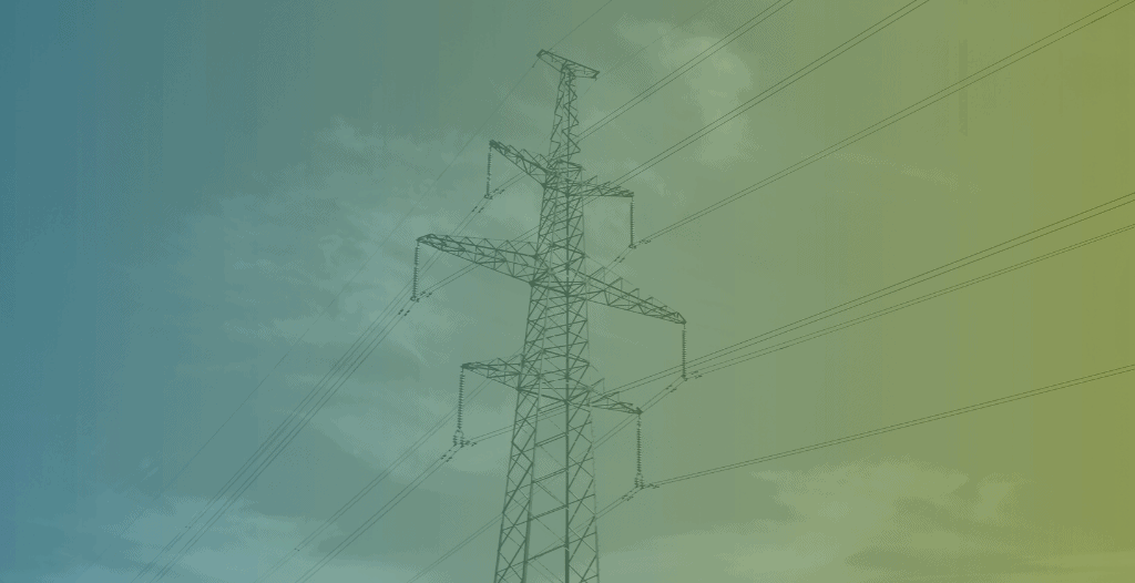 An electricity pylon and overhead lines.